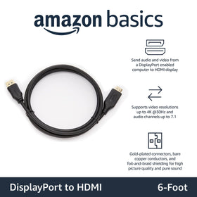 Amazon Basics DP to HDMI cable with gold-plated connectors for reliable signal