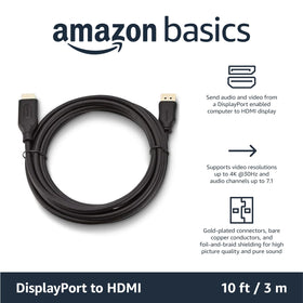 Amazon Basics DP to HDMI cable close-up highlights durable shielding for reliable signal.