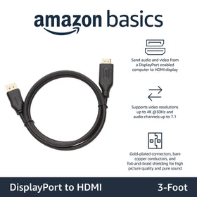 Amazon Basics close-up of gold-plated DisplayPort and HDMI connectors demonstrating corrosion resistance and clear signal