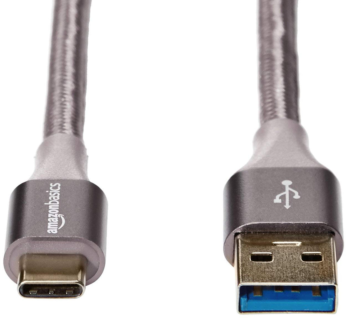 Close-up of Amazon Basics double braided nylon USB-C to USB-A cable showing rugged construction.