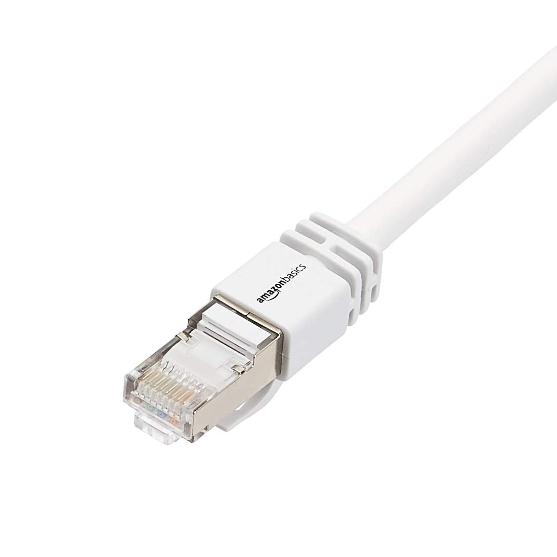 Amazon Basics double-shielded Cat7 cable 50ft white reduces EMI for reliable connectivity.