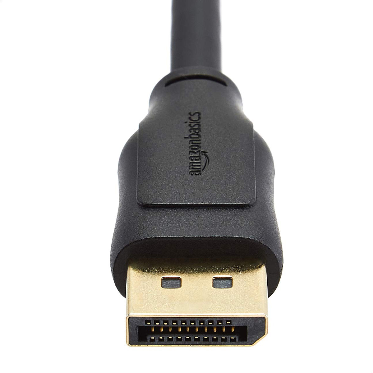 Amazon Basics DisplayPort cable connectors close-up emphasizing secure connection.