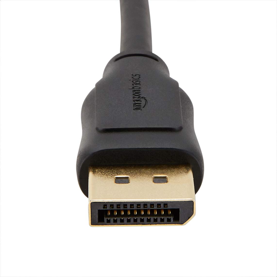 Close-up of Amazon Basics DP cable gold-plated connectors for durable performance.