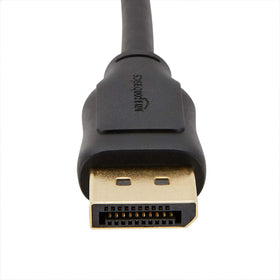 Close-up of Amazon Basics DP cable gold-plated connectors for durable performance.