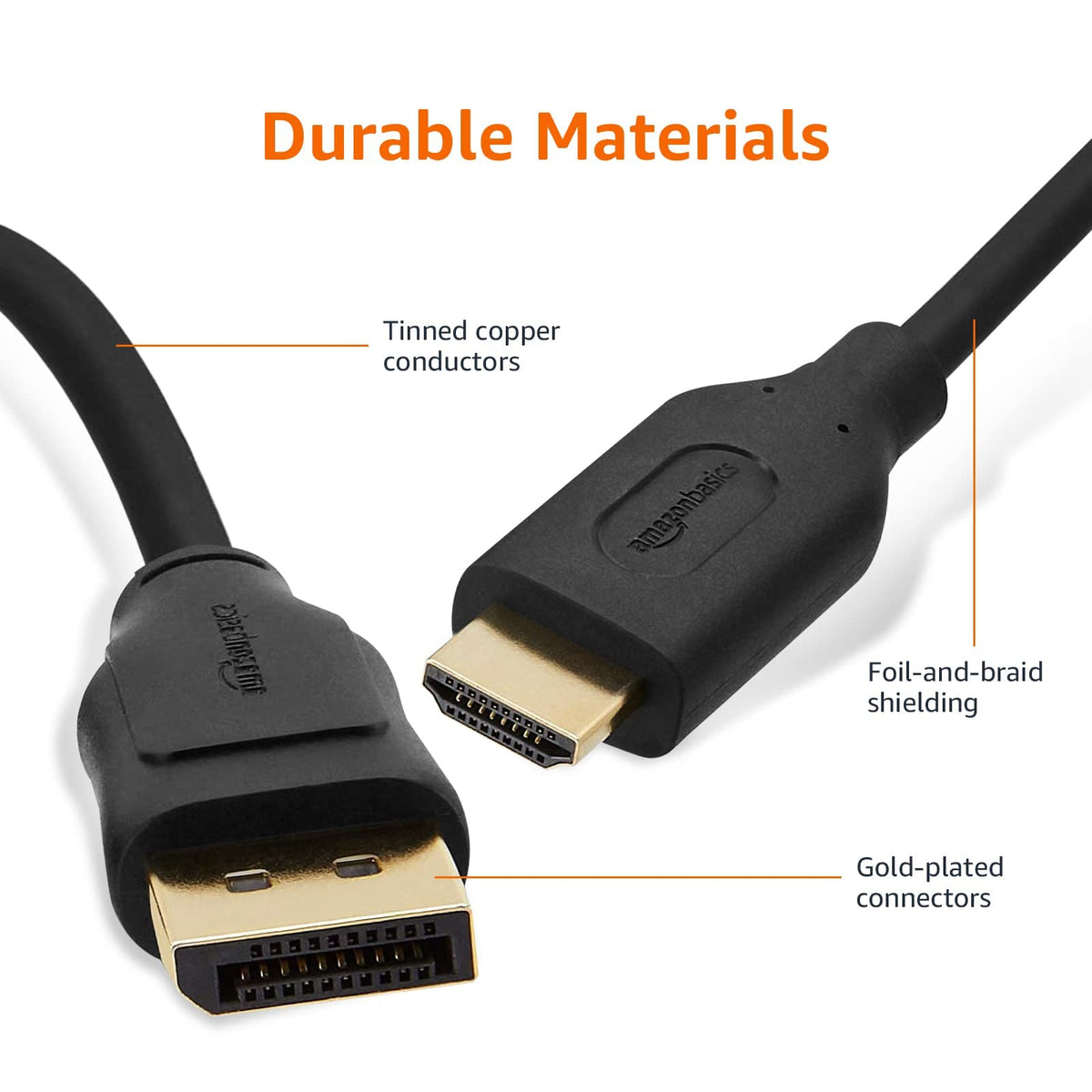 Amazon Basics 4K@30Hz cable with gold-plated connectors for crisp audio and video.