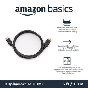 Amazon Basics DP to HDMI cable, uni-directional, supports 4K at 30Hz.
