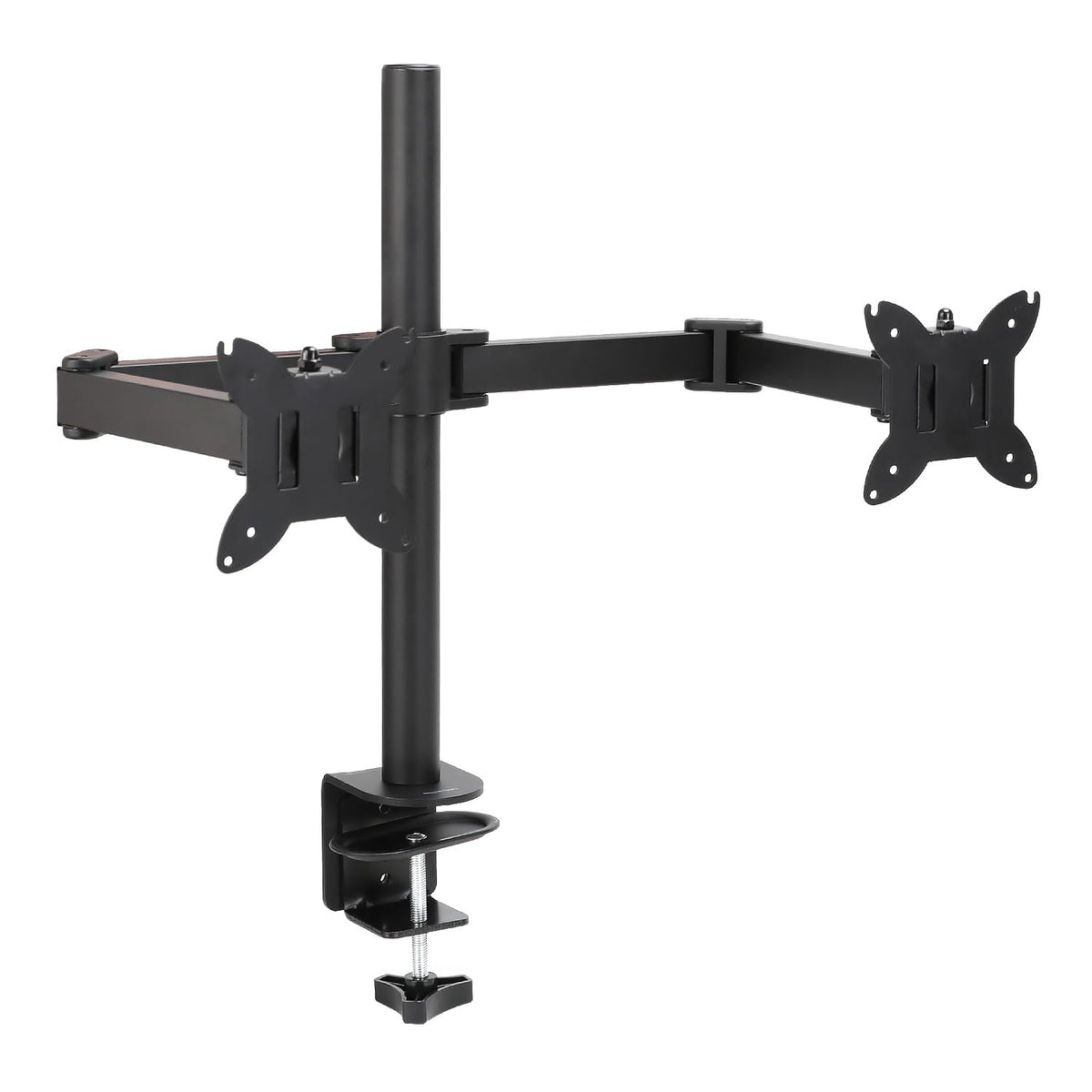 Amazon Basics front view of dual monitor mount showing compact setup and stable support
