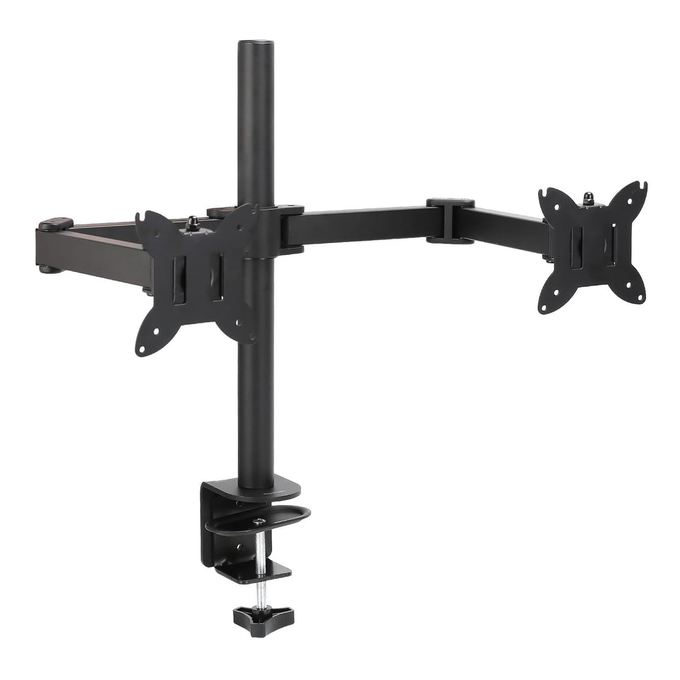 Amazon Basics front view of dual monitor mount showing compact setup and stable support