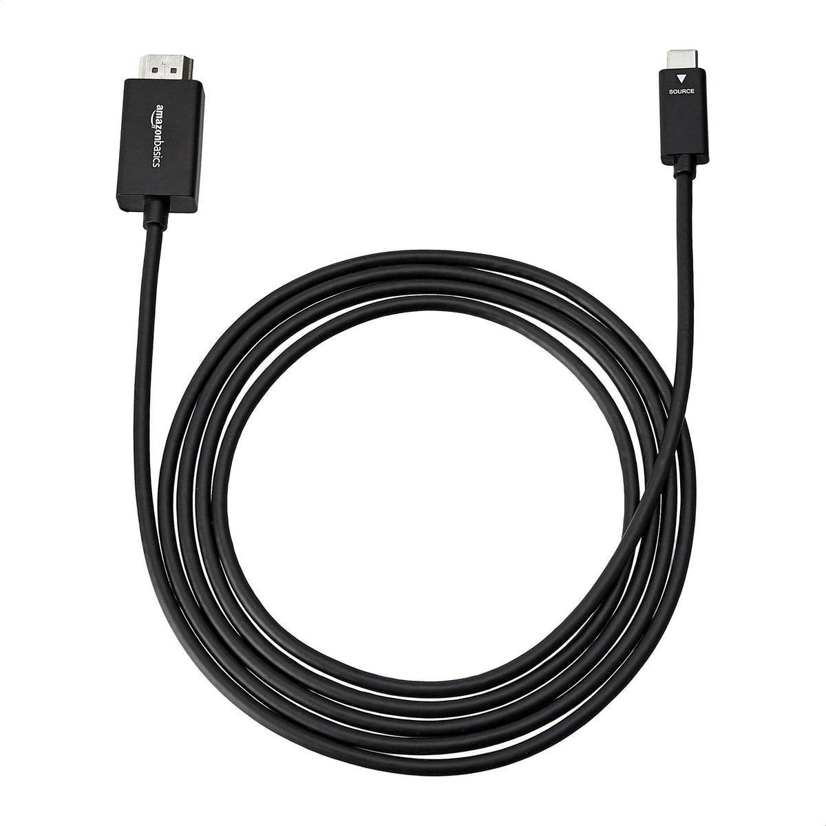 Amazon Basics easy-setup USB-C to HDMI adapter in use with laptop