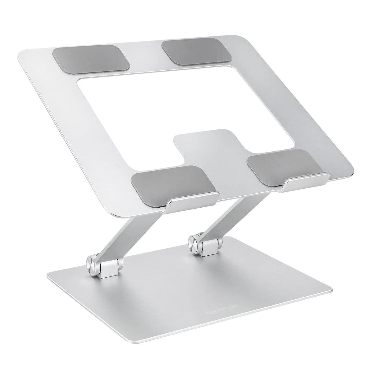 Amazon Basics ergonomic laptop stand unfolded shows sturdy aluminum frame for comfortable viewing.