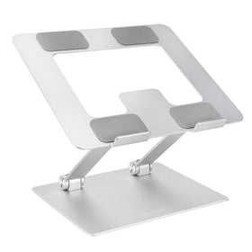 Amazon Basics ergonomic laptop stand unfolded shows sturdy aluminum frame for comfortable viewing.