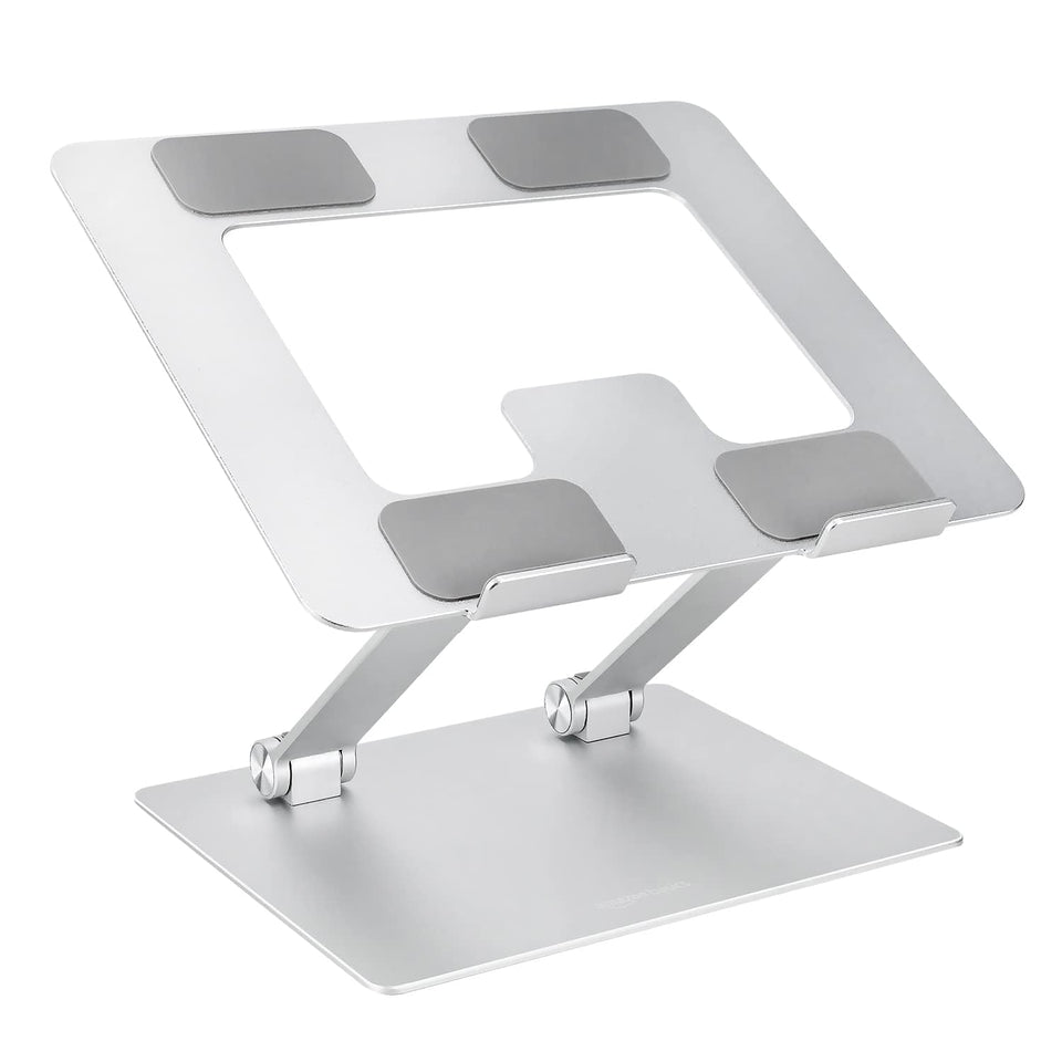 Amazon Basics ergonomic laptop stand unfolded shows sturdy aluminum frame for comfortable viewing.