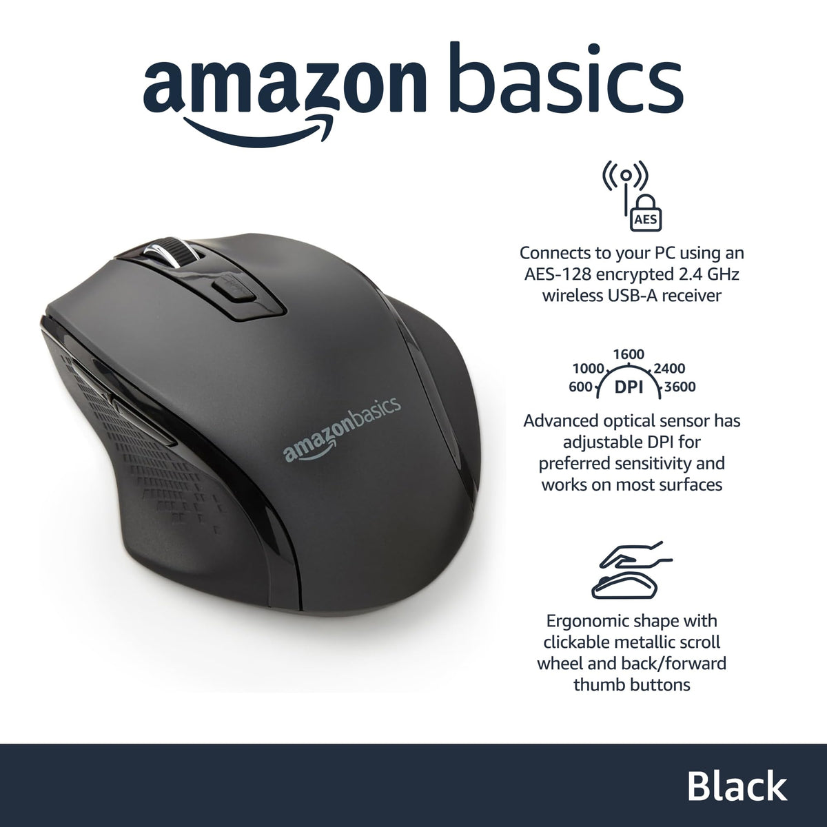 Amazon Basics ergonomic mouse enables smooth navigation for extended sessions.