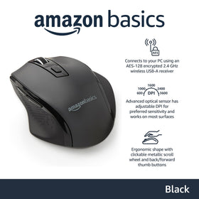 Amazon Basics ergonomic mouse enables smooth navigation for extended sessions.