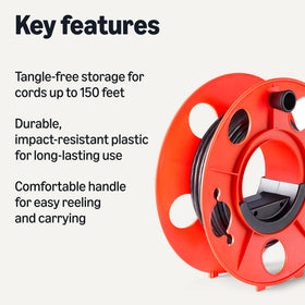 Amazon Basics Extension Cord Reel shows impact-resistant body for long-lasting use on job sites.
