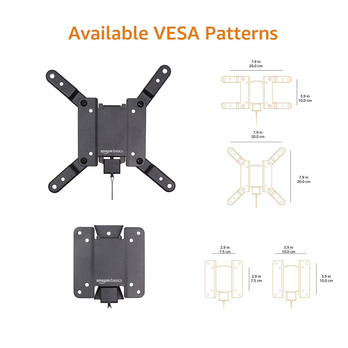VESA 200x200 compatibility demonstrated by the Amazon Basics mount for secure TV mounting.