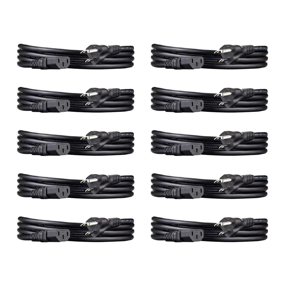 Amazon Basics front packaging showing 10-pack power cords and convenience