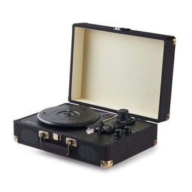 Amazon Basics suitcase turntable front view showing vintage look and portability benefit