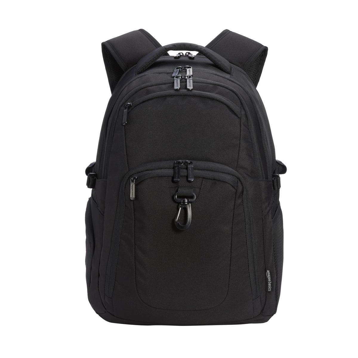 Amazon Basics front view showing roomy compartments and sleek black finish for daily use