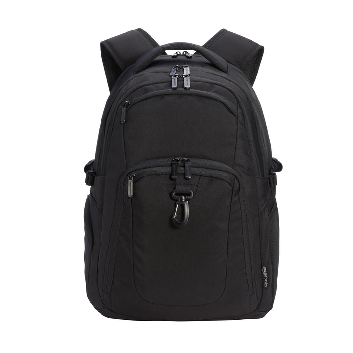 Amazon Basics front view showing roomy compartments and sleek black finish for daily use