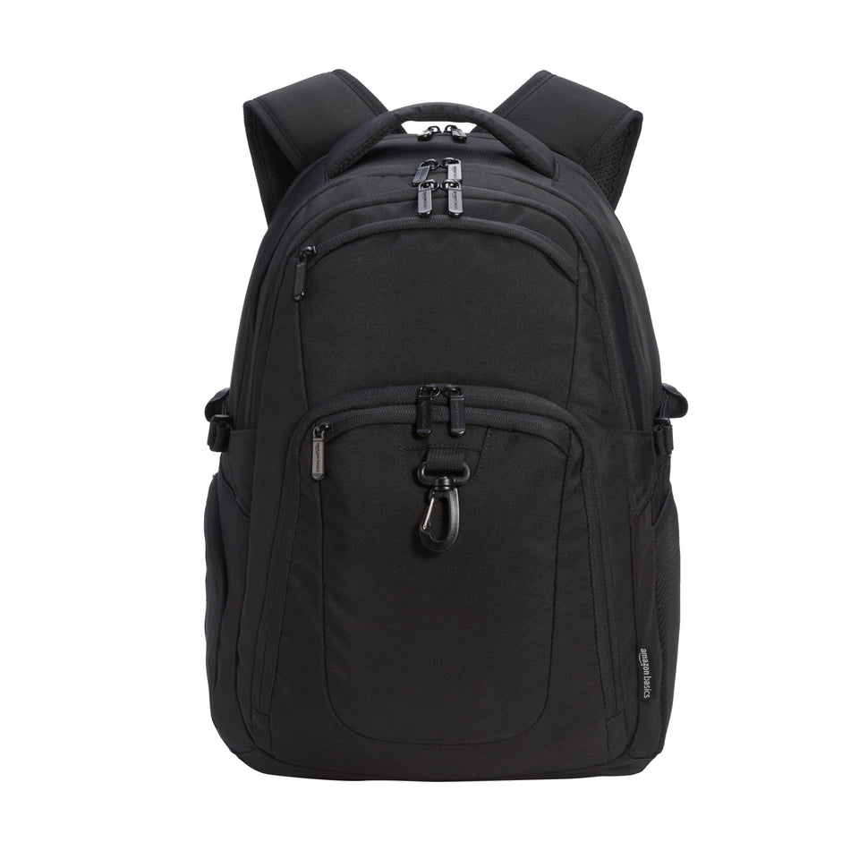 Amazon Basics front view showing roomy compartments and sleek black finish for daily use