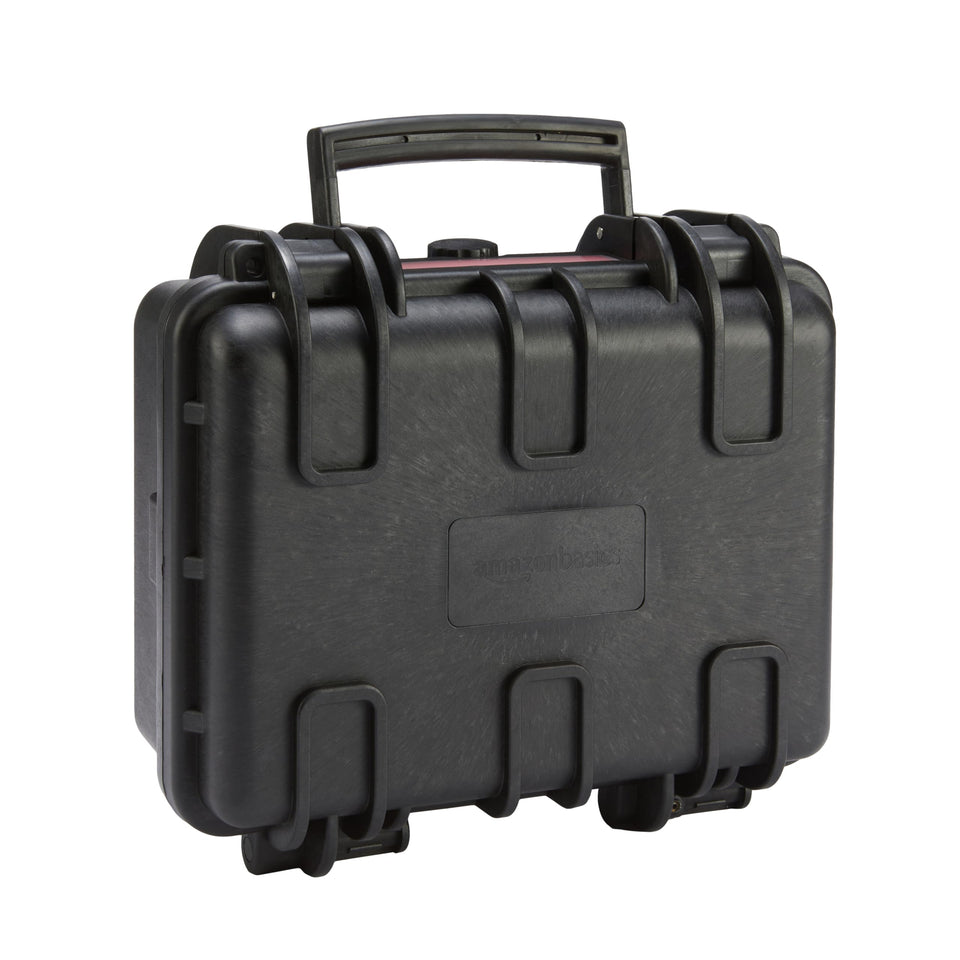 Amazon Basics front view hard camera case showing secure protection