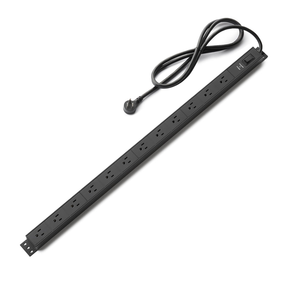 Amazon Basics front view metal power strip showing durable housing and many outlets for reliable power