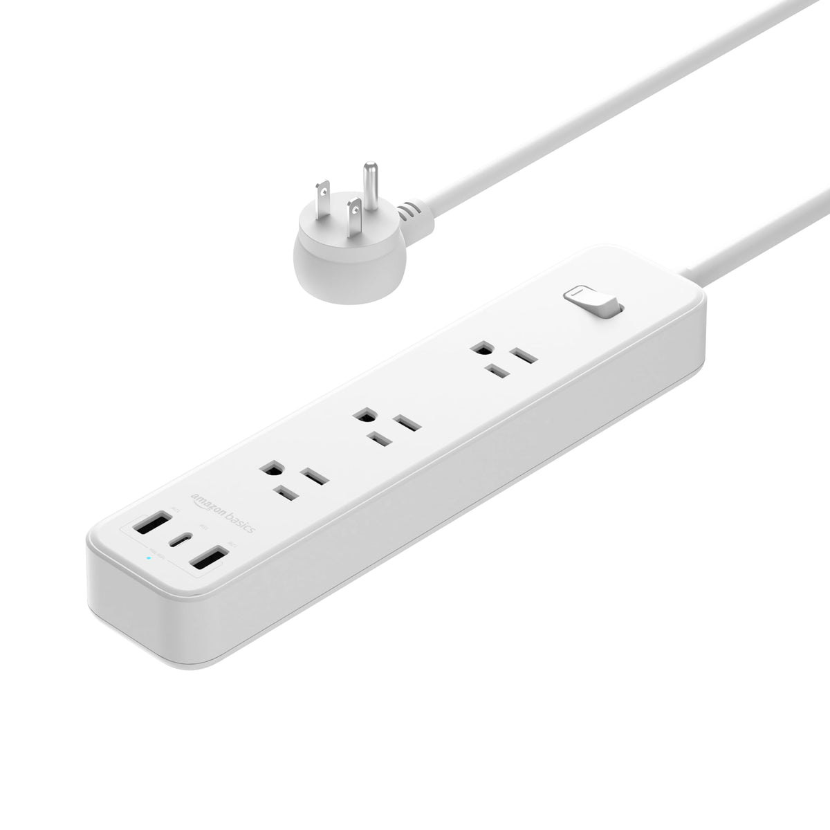 Amazon Basics front view showing three AC outlets and three USB ports for versatile charging