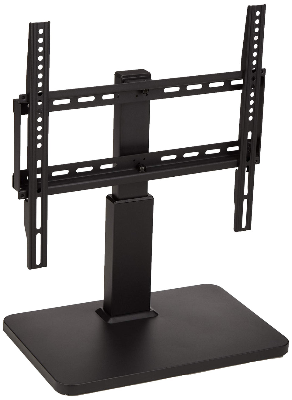 Amazon Basics front view of pedestal TV stand showing compact footprint and stability