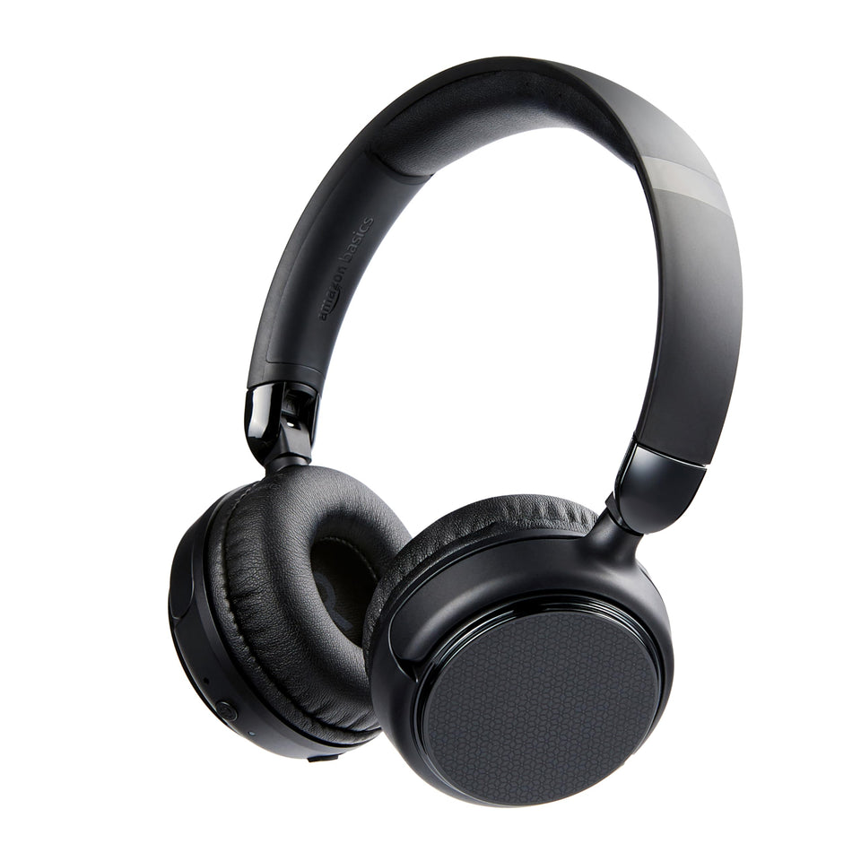 Amazon Basics front view of black on-ear headphones showing design and portability