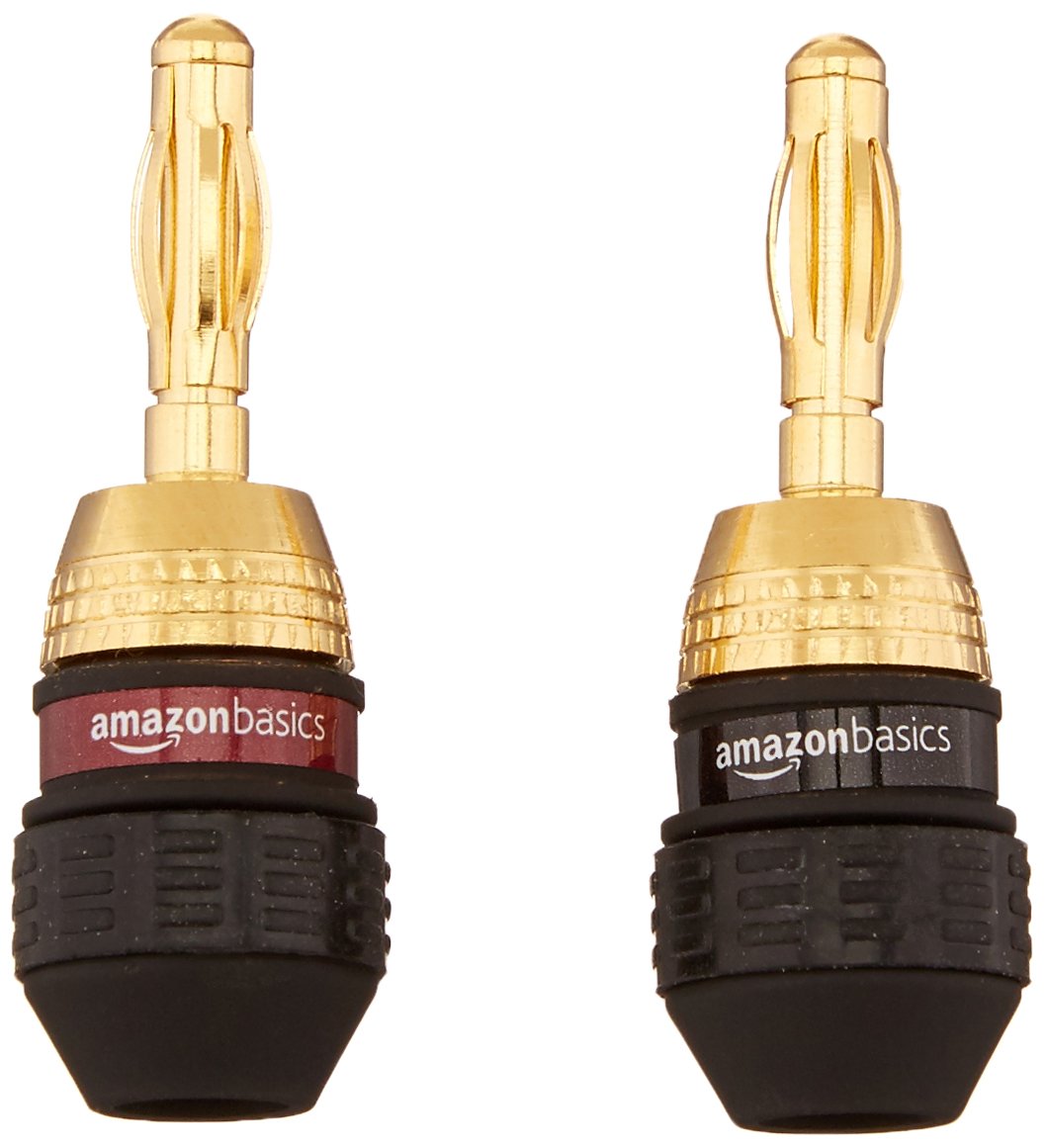 Amazon Basics gold plated banana plug close-up with corrosion-resistant finish for reliable audio