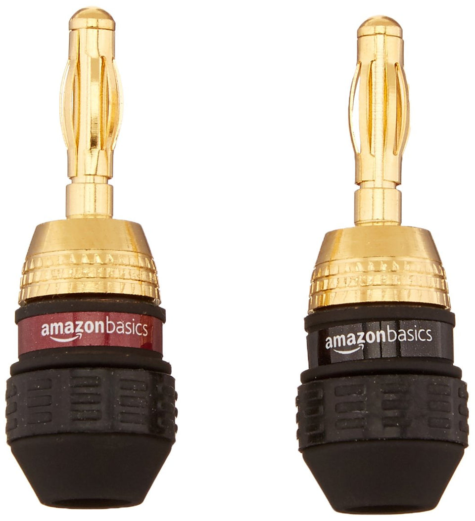 Amazon Basics gold plated banana plug close-up with corrosion-resistant finish for reliable audio