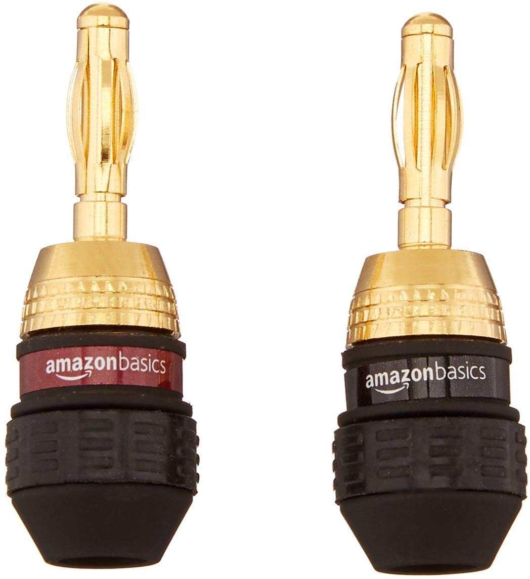 Amazon Basics banana plugs closeup with gold finish for durable, corrosion-resistant connections.