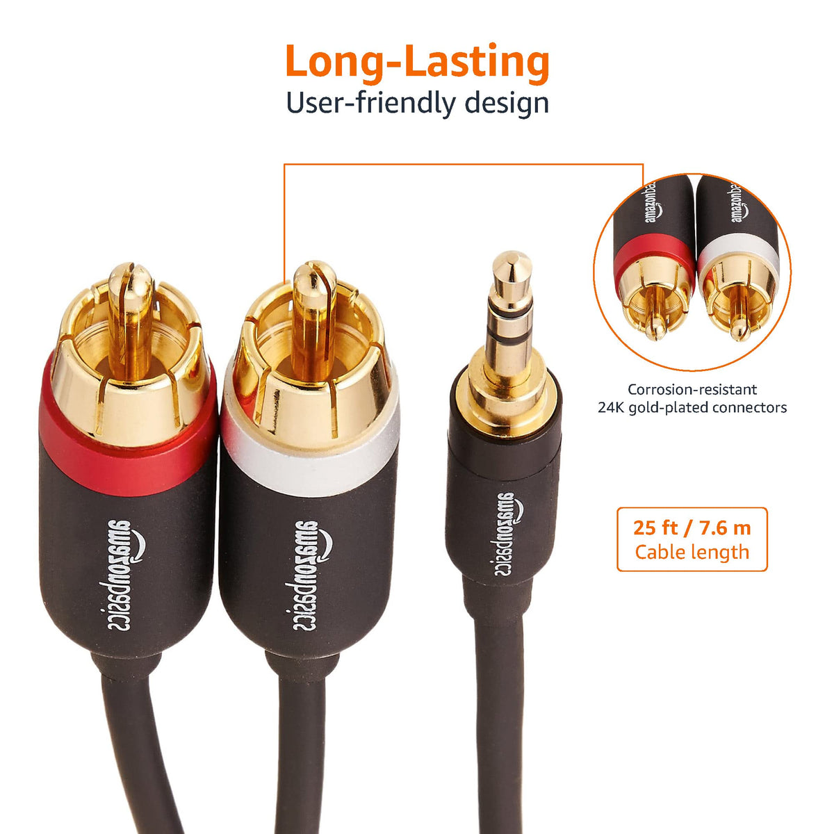 Amazon Basics gold-plated 3.5mm connector resists corrosion for lasting use