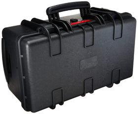 Amazon Basics hard protective camera case with wheels in black for travel.