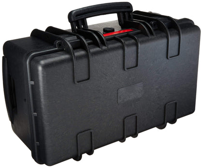 Amazon Basics hard protective camera case with wheels in black for travel.
