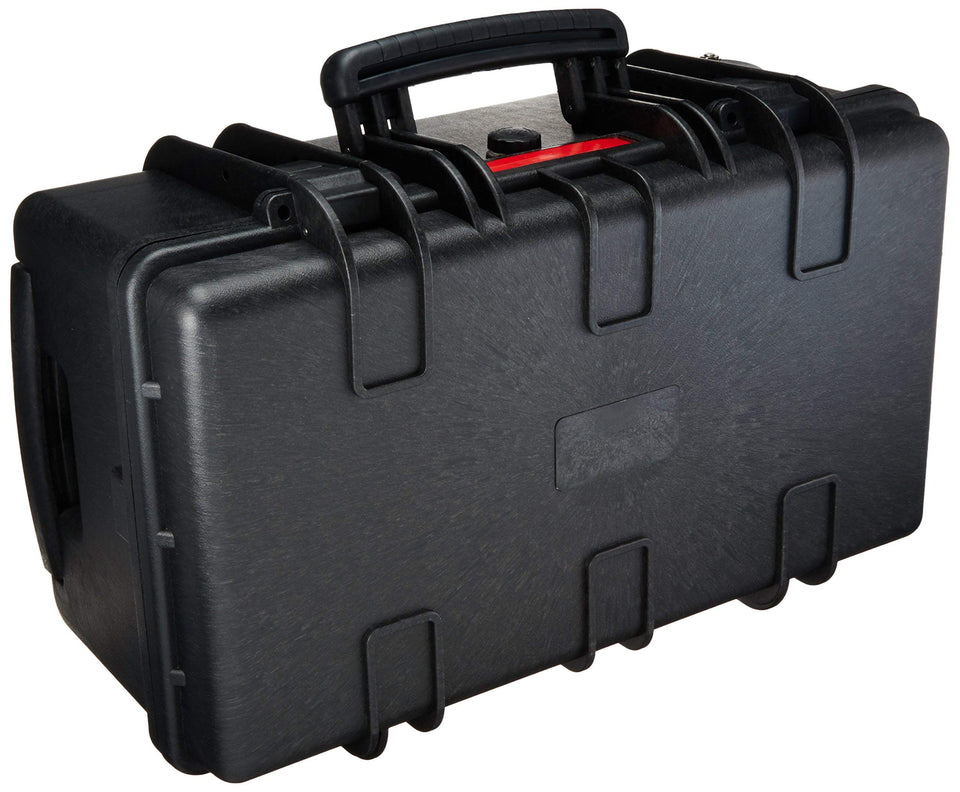 Amazon Basics hard protective camera case with wheels in black for travel.