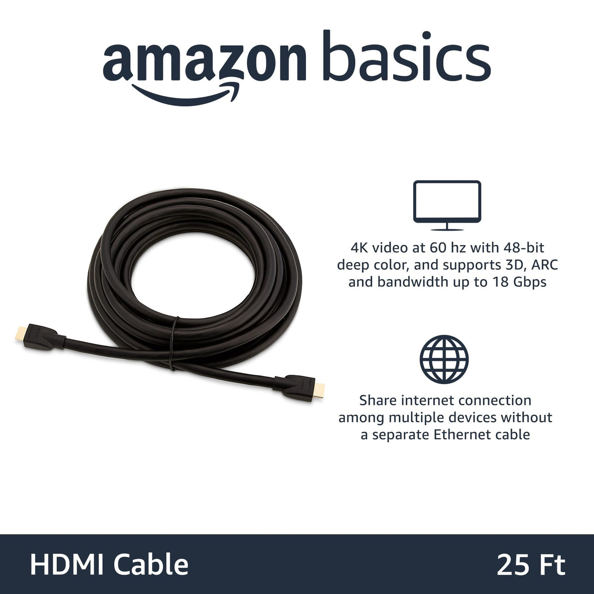Amazon Basics HDMI 2.0 cable enables Ethernet sharing between devices for fewer cables