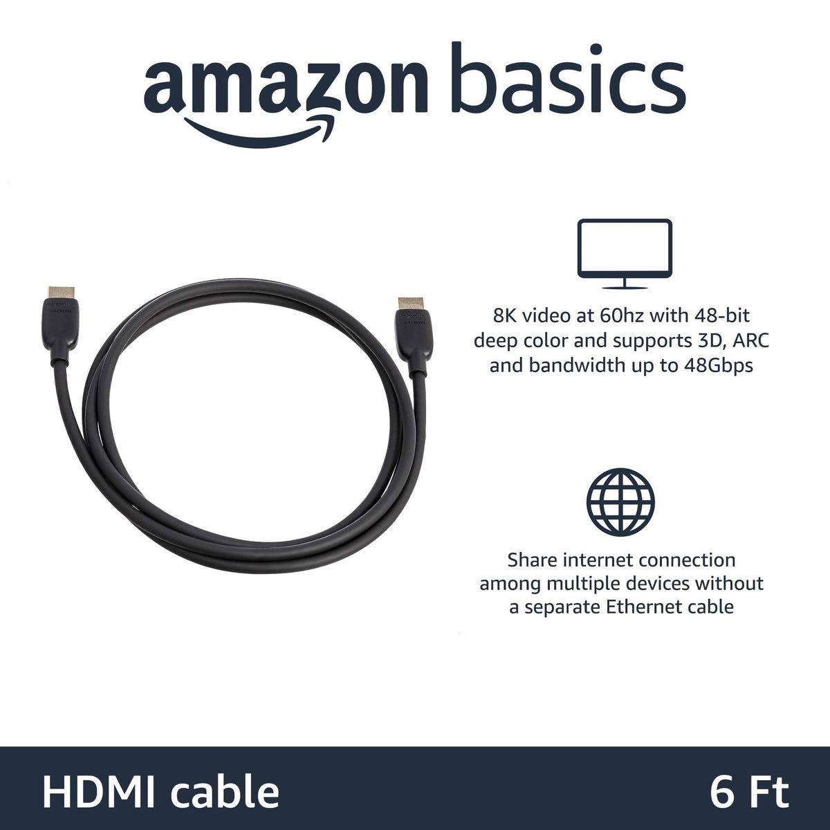 Amazon Basics HDMI 2.1 cable supports 8K60Hz and 4K120Hz for smooth video.