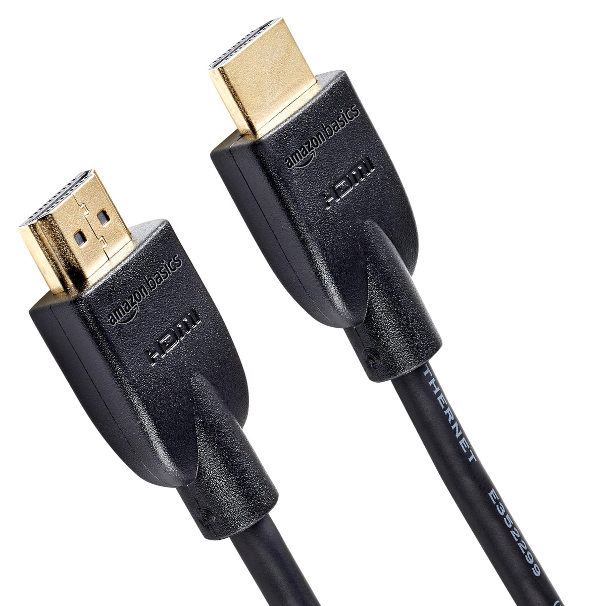 Amazon Basics front view of a 6ft HDMI cable pack showing connectors and length benefit