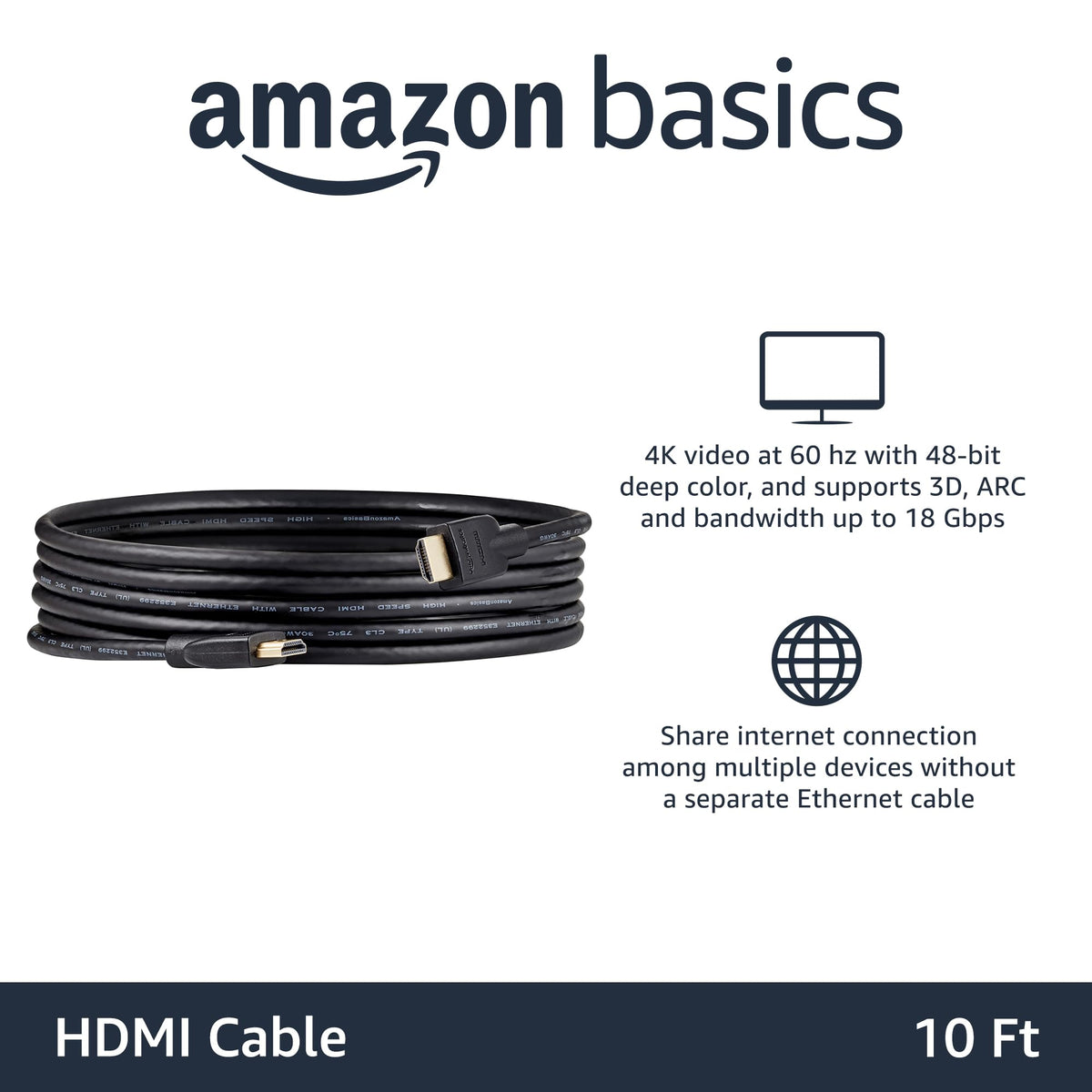 Amazon Basics HDMI cable supports 4K60 and ARC for simple home theater connections.