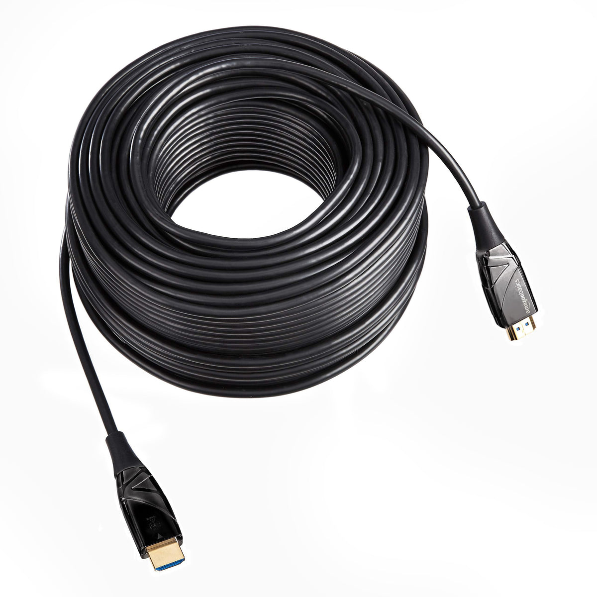 Amazon Basics HDMI fiber optic cable uses zinc alloy housing for a sturdy home theater connection.