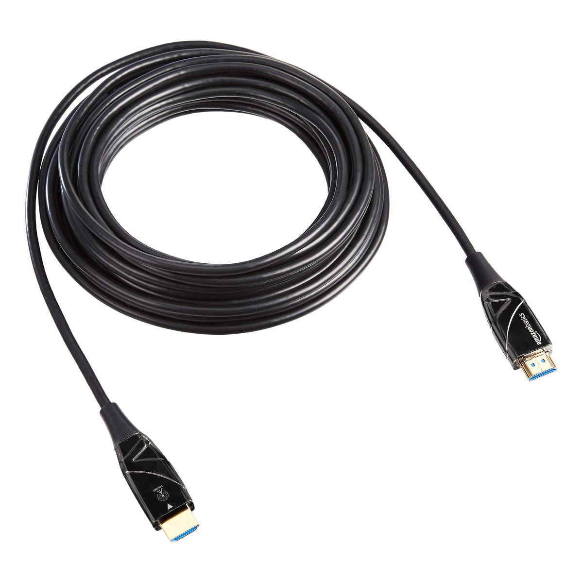 Amazon Basics cable connected between streaming player and 4K TV for crisp video