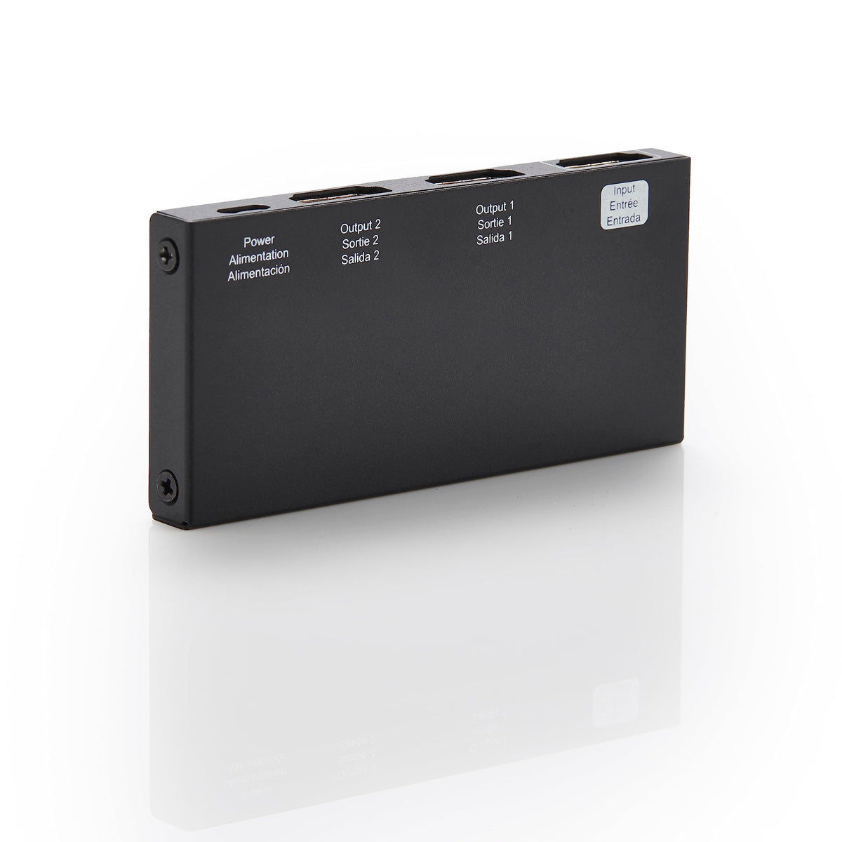Amazon Basics HDMI splitter front view duplicating a single source to two displays