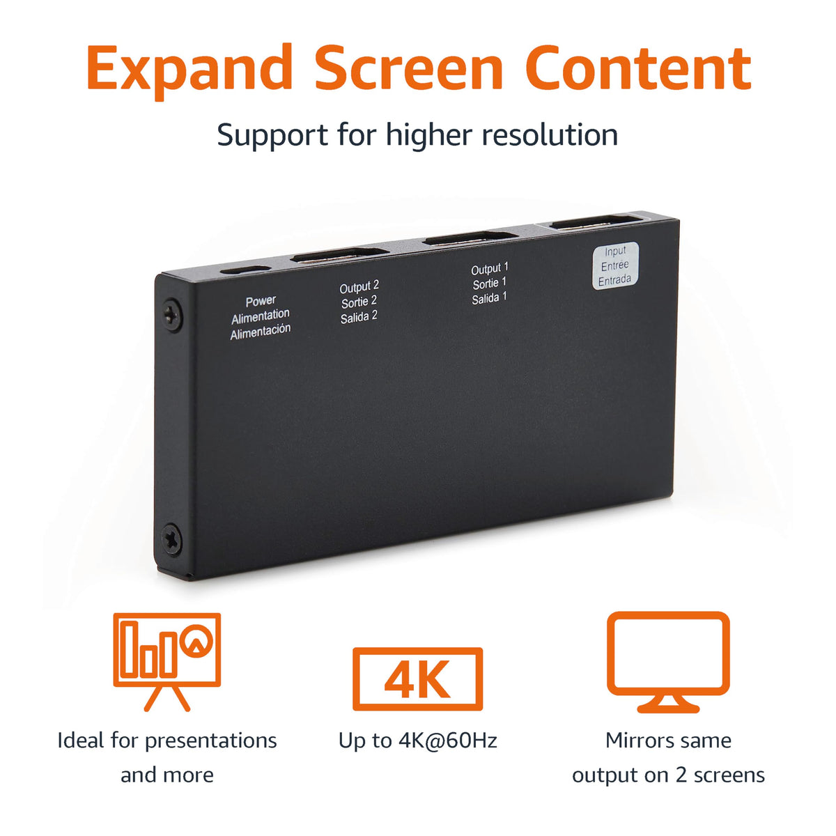 Back ports show 1-in-2-out layout for dual-monitor connections