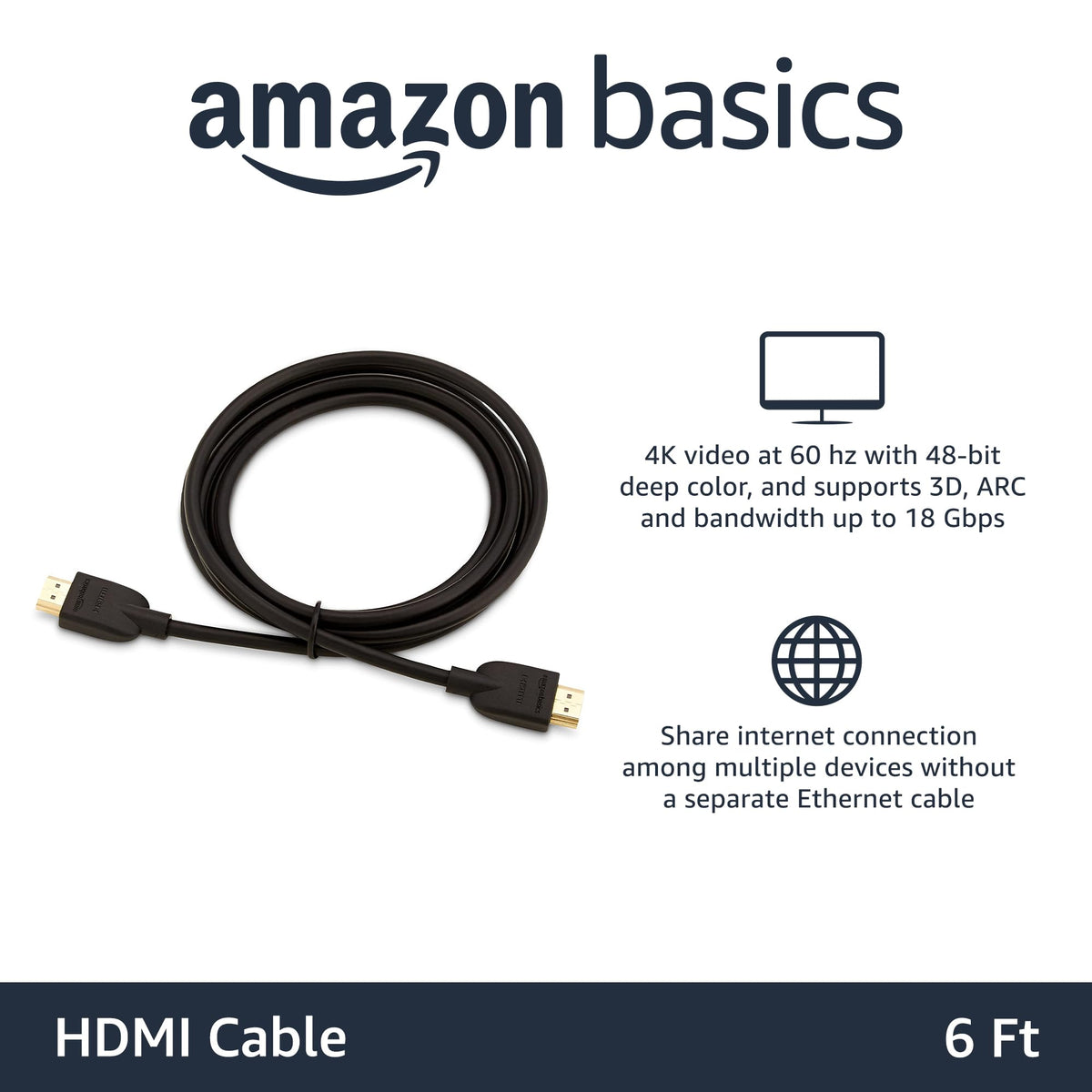 Amazon Basics HDMI cable ethernet-sharing close-up illustrating convenient device networking