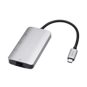 Amazon Basics adapter front view showing ports and portable benefit