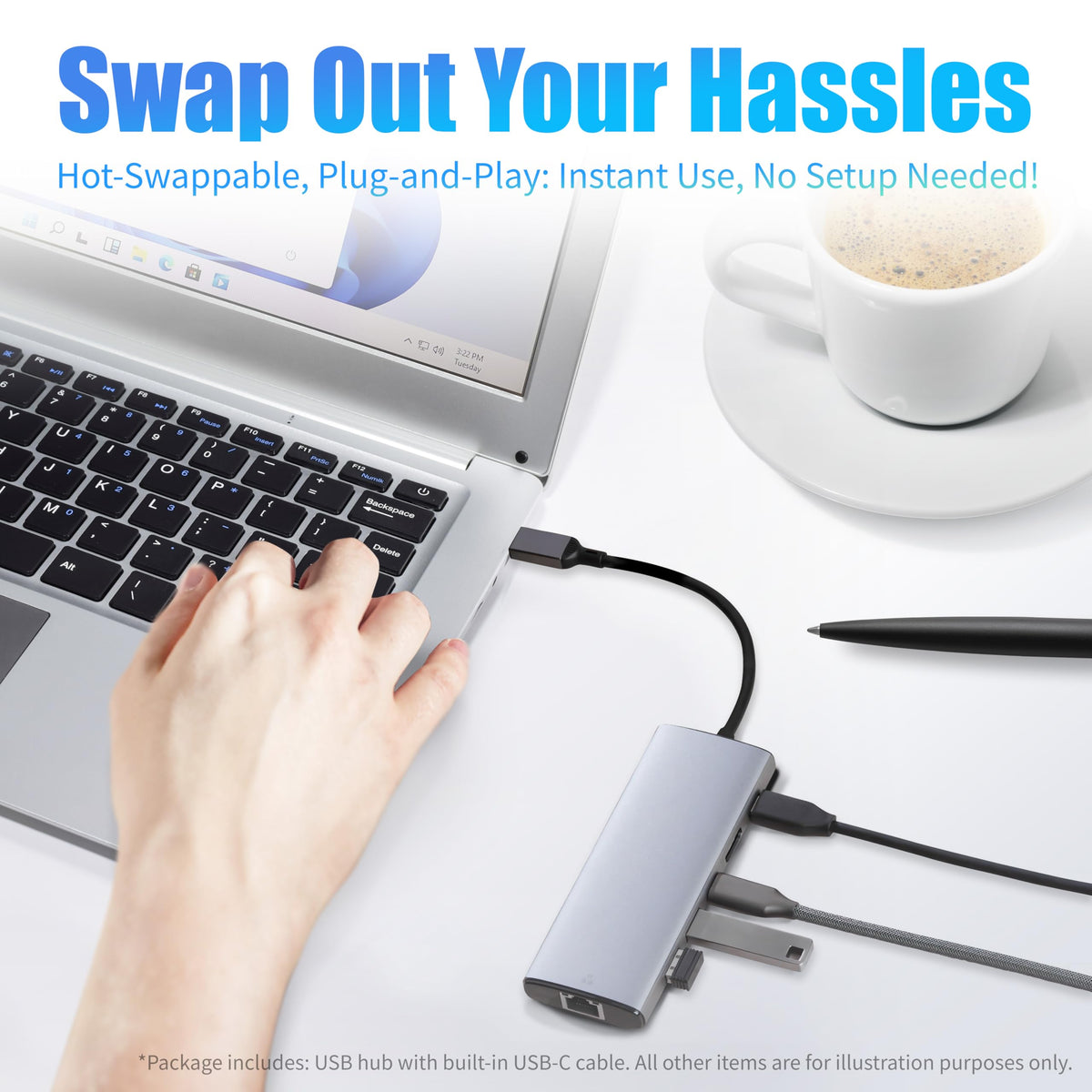 Amazon Basics hub with included 15cm USB-C cable and compact packing for easy transport