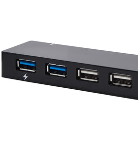 Amazon Basics hub ports close-up highlighting USB 3.0 and USB 2.0 labeling for fast transfer
