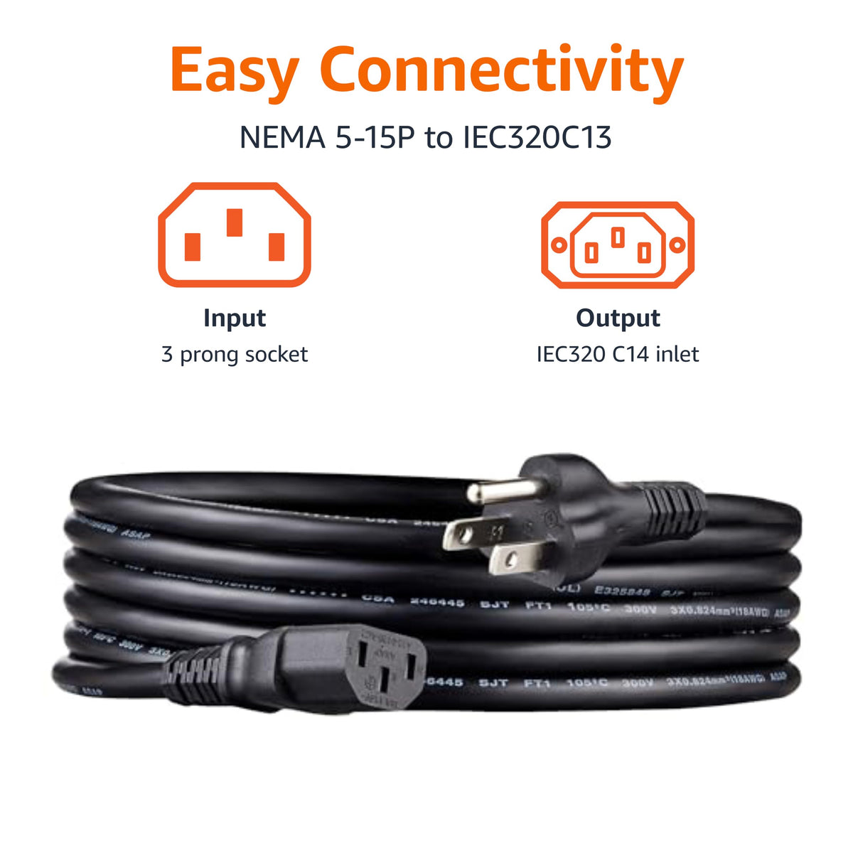 Amazon Basics IEC320C13 to NEMA5-15P cord for versatile equipment power.